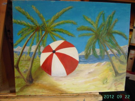 Parasol aan strand 50x50 cm olieverf op doek
